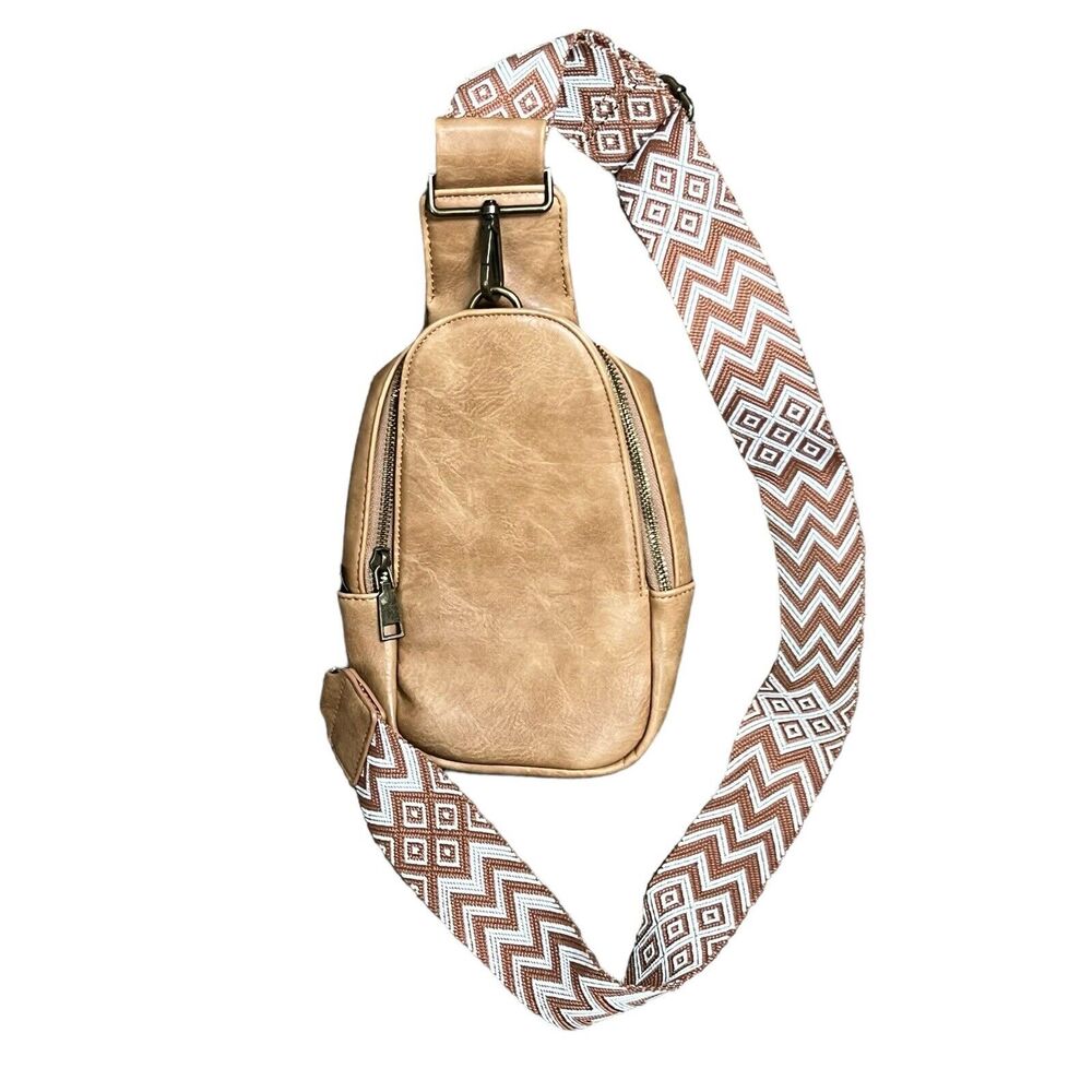 Threaded Pear Tan Vegan Leather Sling Bag Embroidered Strap